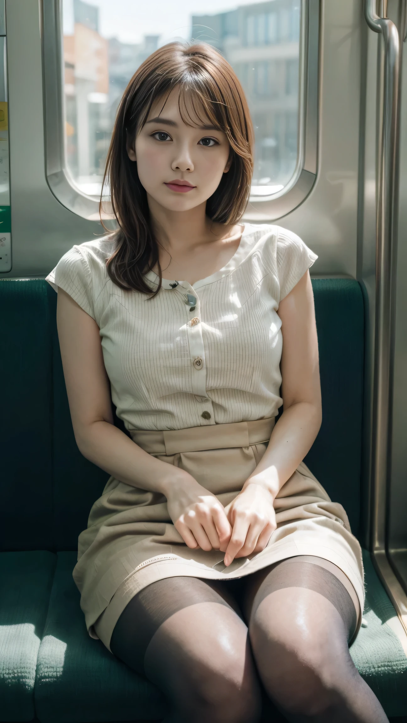 (masterpiece, Highest quality, 8k, RAW Photos, beautifully、beautiful:1.2), Intricate details, indirect lighting, Realistic, whole body, Sitting on a chair on the train、Gazing at the audience、Voyeur、 Square neck button-down linen sundress, (Ultra-realistic pantyhose)、 Women&#39;s training , Chair to sit under skirt,Ultra-high resolution,8k,Bokeh,Sharp focus,Super detailed face,Spaniards,Beautiful feet,thin,(Medium chest),Super Detail Eyes
