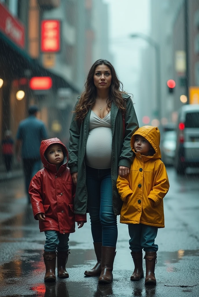 One pragnent women with three kids on rainy weather 