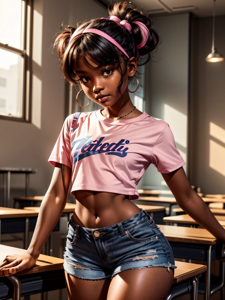 1 girl, solo, high quality, ebony girl, high resolution, volumetric lighting, 8k, beautiful woman, (dark skin), college student, 's uniform, (big-ass), breasts big, (pink tub top shirt), (cotton shorts:1.2), Wavy hair, pony tail, bangs, headband, hoop earnings, class room, pose sexy, seductively pose, 3/4 shot, cowboy shot, ((slim thick body:1.1)