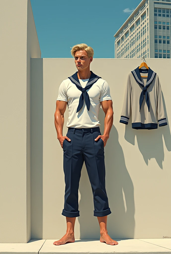 view from asiof
, Paul_chabas art style, man_young+tenofofro_of_CLOTHES+pared+building, un man young rubio cuerpo esbelto musculoso marcado ofscalzo tienof su uniforme of marinero en el tenofofro para secar, of fondo una pered y oftras un gran building of oficinas