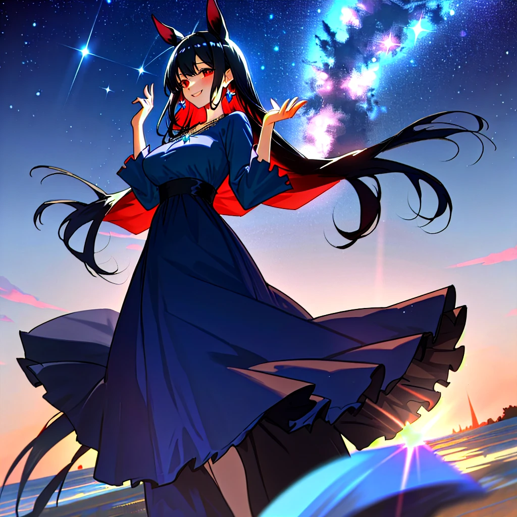 One woman、Horse ears、Long black hair、Red eyes、Blue ruffled dress、Blue skirt、hair ornaments、Earrings、necklace、Mature Woman、Beautiful breasts、Raise your hands up、Starry Sky、Chest centered、smile、High angle、Illuminate from the front
