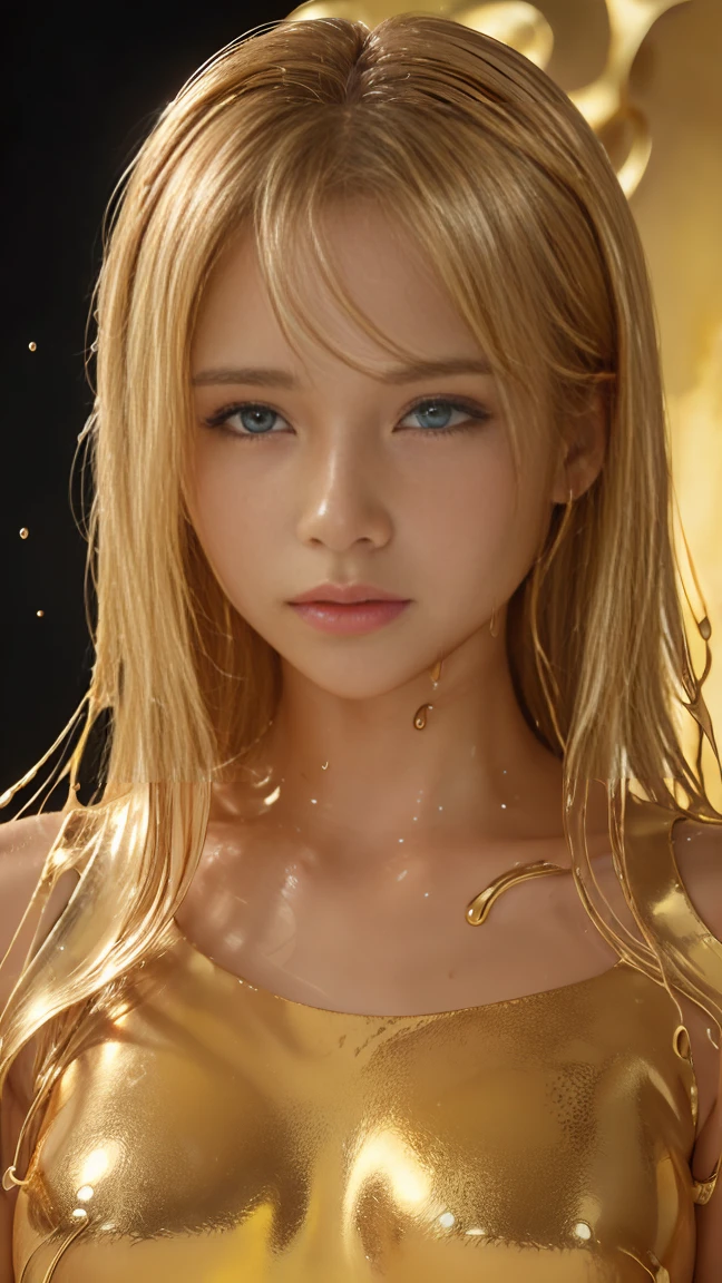 (High resolution,Tabletop:1.2),Super detailed,(Realistic:1.37),Portraiture,Full Body Shot、Slime Girl、Covered in golden slime, (Partially transparent), (Wet), (Blue Sweat), Golden liquid dripping from her body. Her hair is also Covered in golden slime. Golden slime scattered, Golden Hair, blue eyes、Super cute face