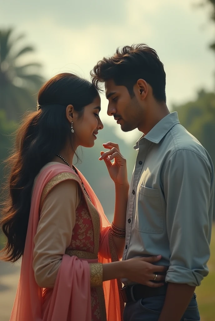 Bangladeshi teenage girl and adult handsome boy are sitting in a university yard,the girl are playing with her hair and the boy watching her from behind in a loving way,the girl also blushing , the girl wearing selwer kamiz and the boy wearing shirt pant . The girl is looking at the camera, she's posing like hand in on her hair and the boy is watching her from behind  and it's look so realistic . The photo is like 90's sitting posing photo and the weather is cloudy 