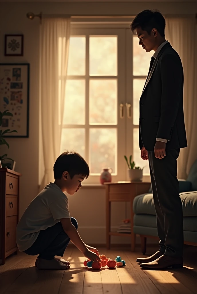 Silhouette of 23 year old Asian man in suit watching his 23 year old Asian college boyfriend playing in the living room with their son