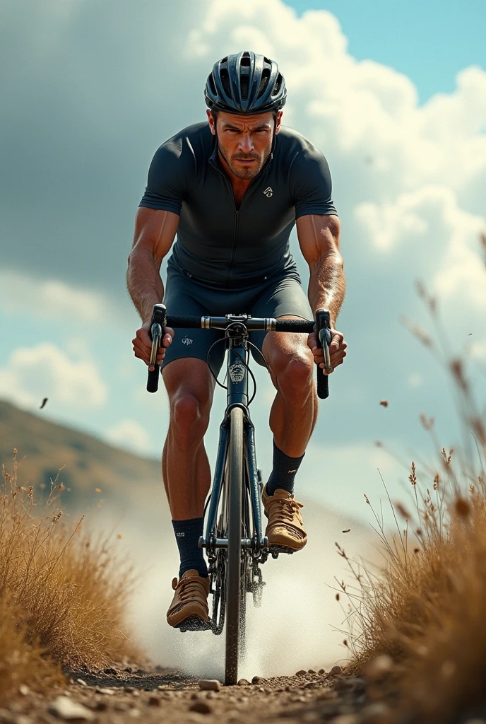 A man cycling against a strong wind