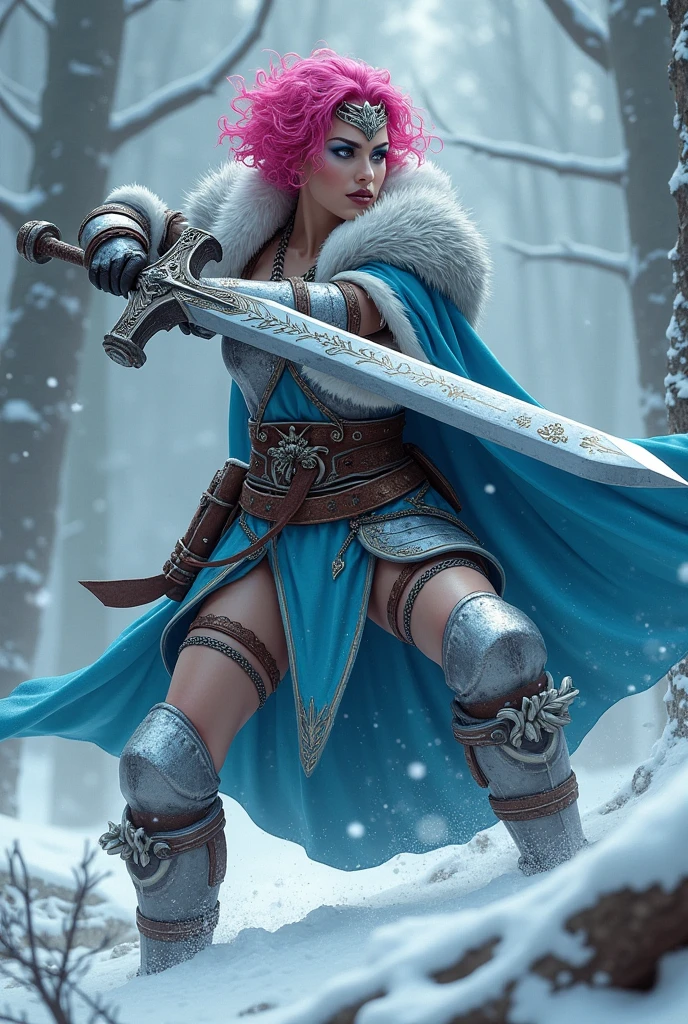 ((upper torso, armored female barbarian savage, battle worn white lacquered gloss armor:1.6, fur, blue cloak, ((((supermodel, triangularface, pointed chin)), short curly [bright pink hair:tan hair:0.7], black lips))), iceblue eyes, blackout eyeshadow, iron tiara), braids, massive glowing red fang engraved sword, windy, outdoor frozen snow snowy forest, dynamic battle pose, lunging, side view
