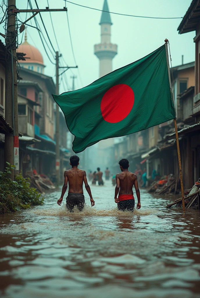 Flood in Bangladesh make a photo with Bangladesh flag