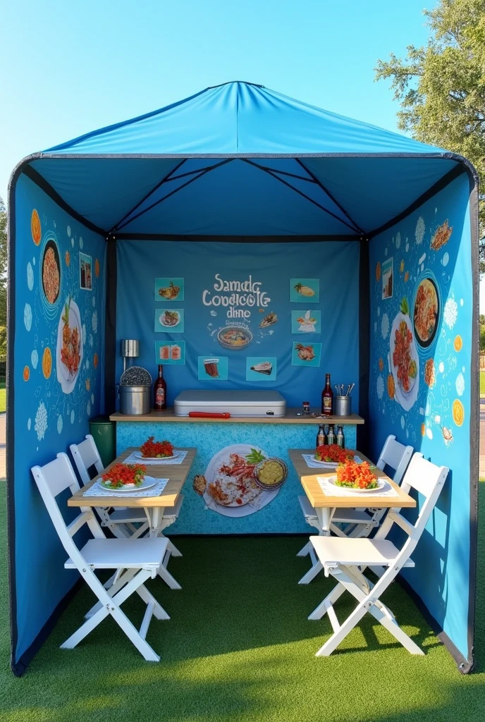 Design me a mobile business in the form of a folding and buildable tent measuring 3x3 in blue with the following specifications - 1 FOLDING WORK TABLE WITH A COOLER ON THE TABLE ( TABLECLOTH WITH SEAFOOD DRAWING)
- 2 TABLES FOR CUSTOMERS WITH 4 CHAIRS PER TABLE AND BOTTLES OF SEAFOOD SAUCES ON THE TABLE, CATSUP, TOAST AND COOKIES - ON THE WALLS OF THE TENTS THERE ARE PHOTOGRAPHS OF : SEAFOOD COCKTAIL, FISH CEVICHE AND AGUACHILE - THE FLOOR WILL BE MADE OF SYNTHETIC GRASS - THE CARP WILL BE BLUE