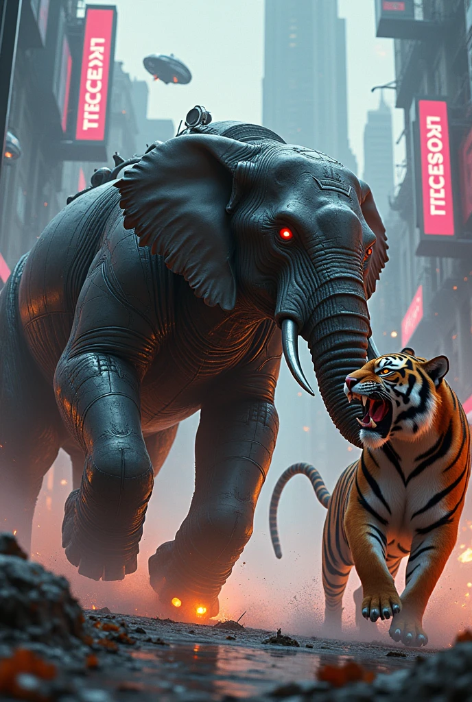 Elephant with body fighting with tiger cyberpunk 