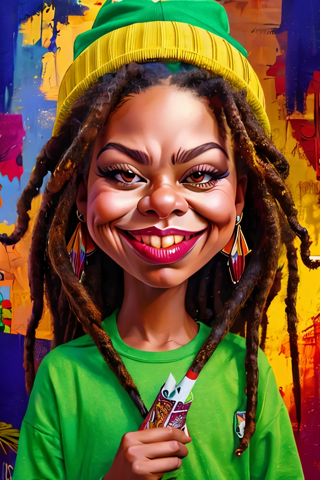 A (((caricature))) of a young Rastafarian man smoking a white cigarette, exaggerated features with a large nose and big Red eyes, long and exaggerated dreadlocks, wearing a colorful beanie, relaxed and laid-back expression, smoke swirling around him in artistic patterns, vibrant and warm colors, tropical background with palm trees, cartoon style, highly detailed, chill and carefree tone, dynamic pose, expressive eyes, (masterpiece: 2), best quality, ultra highres, original, extremely detailed, perfect lighting. ((Colorful psychodelic background)).
