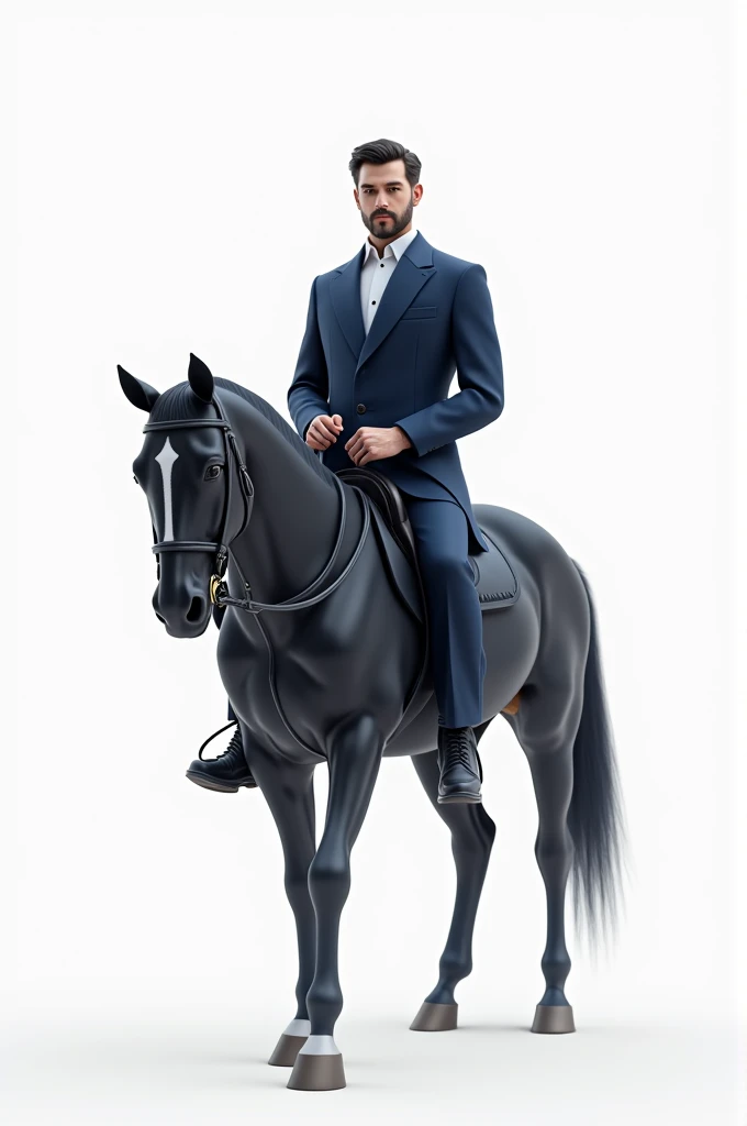 I created an image with a man wearing navy blue clothes on top of a horse on a white background.