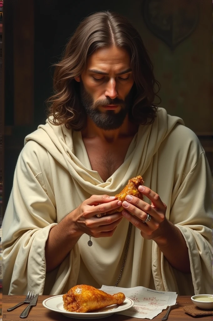 Jesus eating chiken leg peice
