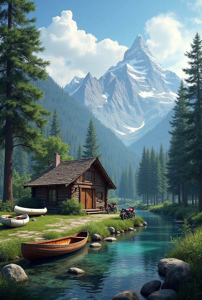 Cabin with canoes and motorbikes near a spring with a forested landscape and mountains