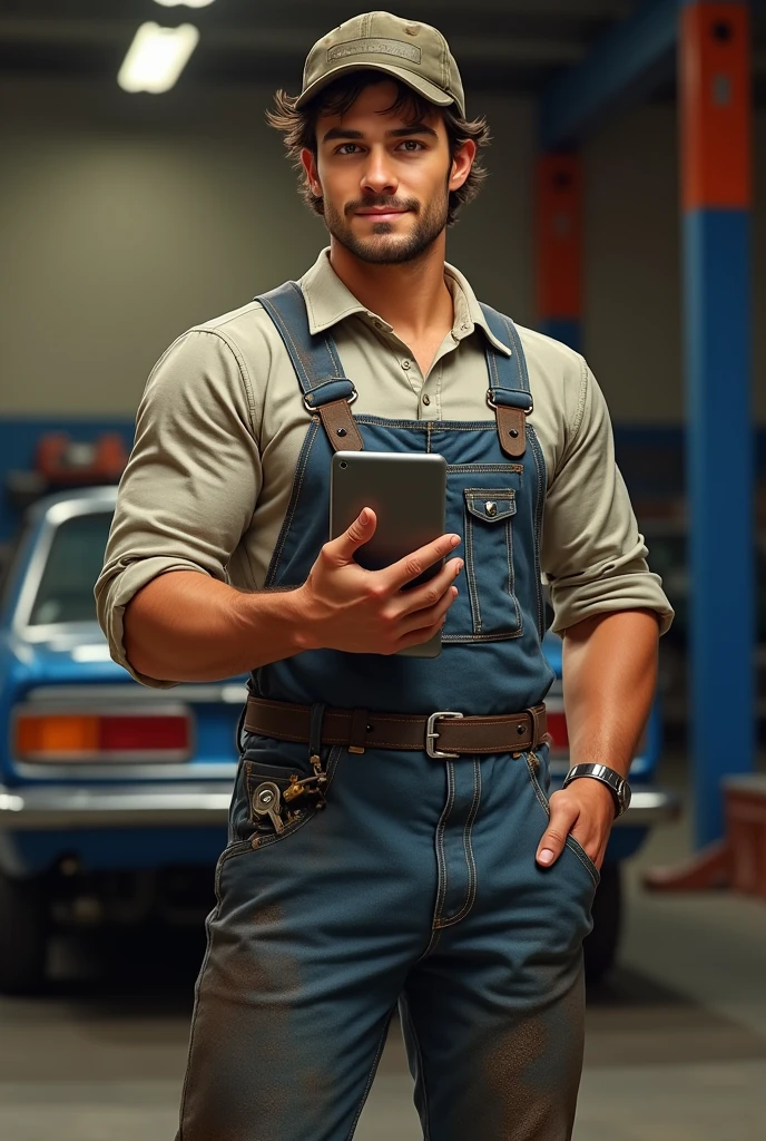He is a 2 young one tablet-wielding auto mechanic with a strong, muscular build and slightly greasy, tousled short hair. They wear a well-worn hat, durable work shirt with rolled-up sleeves, grease-stained overalls and heavy-duty work boots. Their hands are often smeared, and they have a custom engraved key in their back pocket. Their sharp eyes and confident demeanor reflect their deep knowledge and passion for cars.