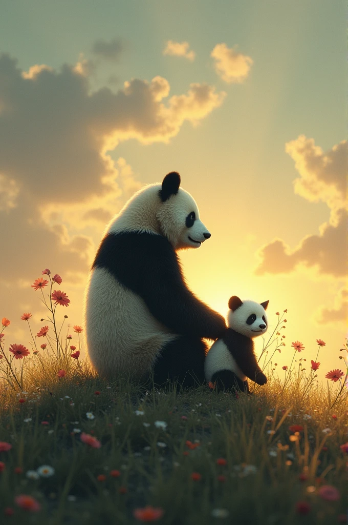 Panda bear sitting on a hill watching his dead panda angel son play