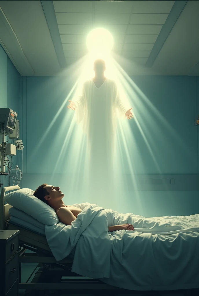 Being of light around man who was in a hospital bed lying down