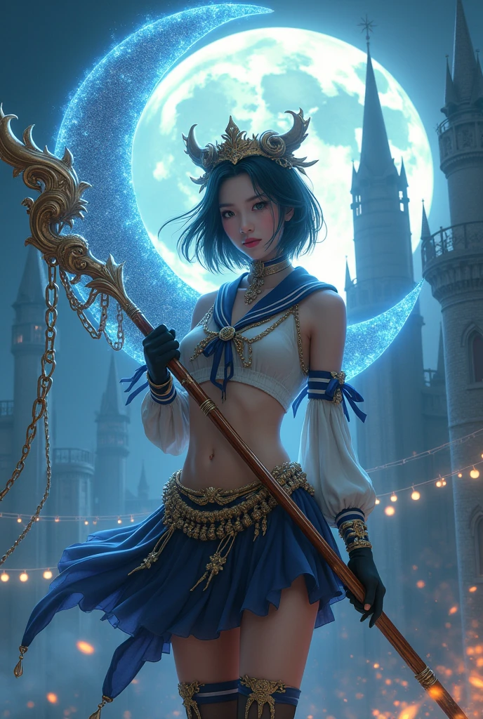 An Asian woman wearing a dark blue and black short skirt fantasy outfit, Sailor Moon style short skirt fantasy outfit decorated with magical golden metal, filled with chains with many details. Choker, gloves, and crown. She held a gigantic glowing crescent-shaped staff in action pose. Silver castle background and big full moon. UHD, 64k