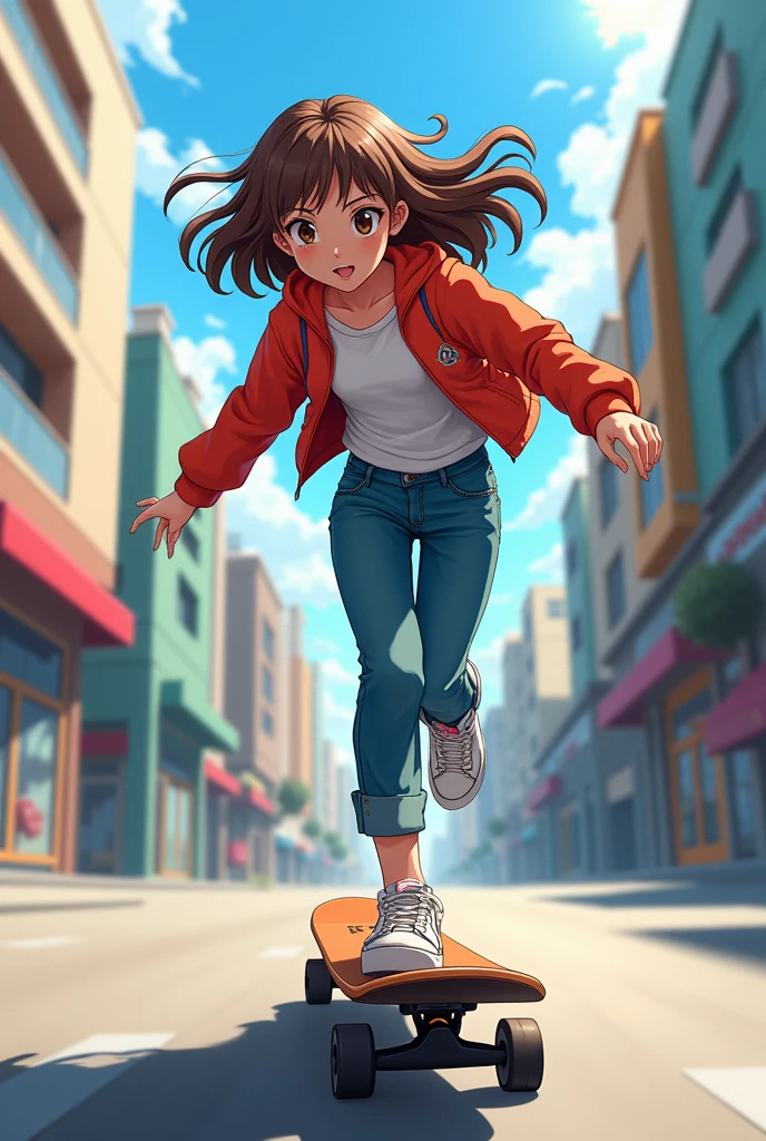 A girl, anime style with brown hair, wavy shoulder length, skating skateboard