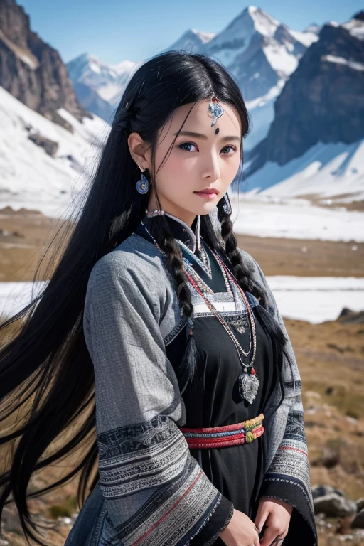 High quality、One woman、1、beautiful、blue eyes、Black hair with bright eyes、Long Hair、Tibetan national costume、Japanese elements、All black clothes、The valley between the mountains of dull clothing、Rusty silver jewelry、Overall dark landscape、Brown skin、Large ethnic tattoo on forehead