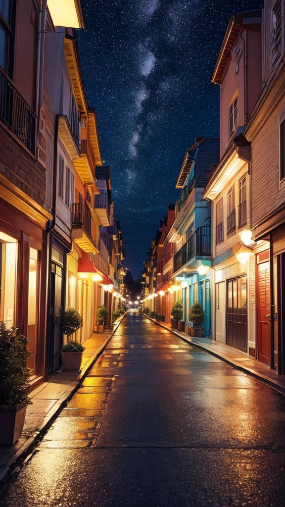 Street in the middle of building at night with starry sky