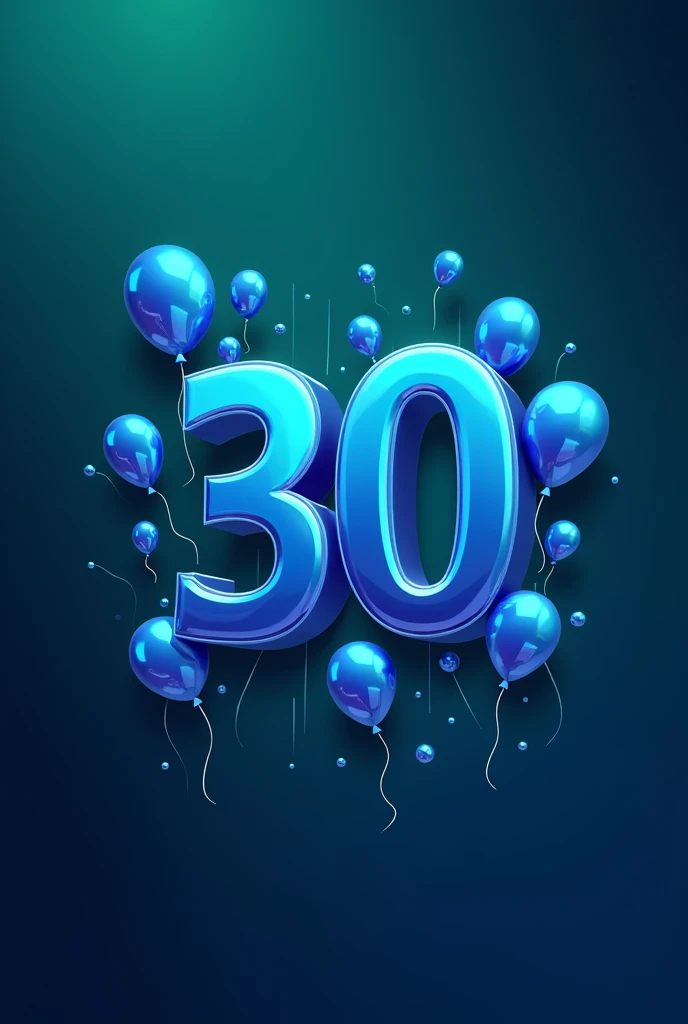 Logo 30 years, typography with blue metallic balloons, gradient background, green