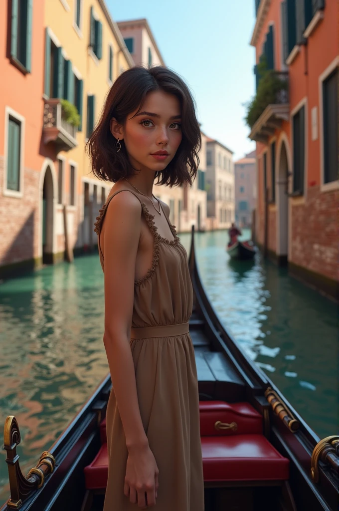 Brunette girl in Venice standing on a gondola with very short hair and brown eyes. Very realistic