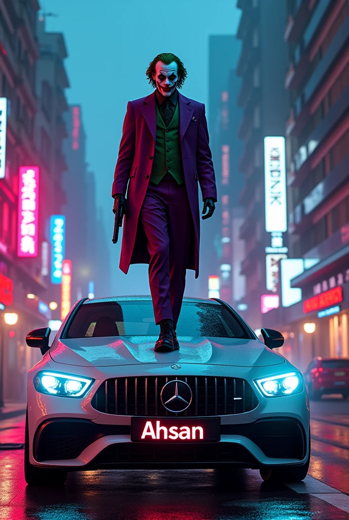 A Joker standing on the front side of a mercedes car and holding a gun in sybar punks neon city and Ahsan written on the car front