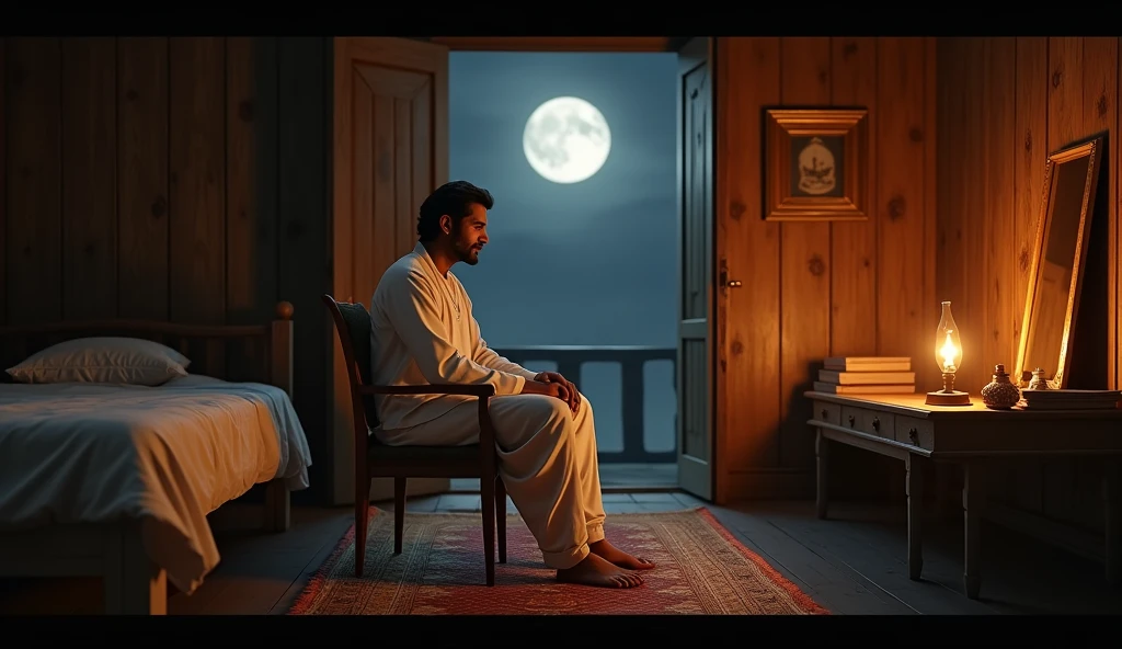 (photorealism:1.2), Man in dhoti kurta, sitting on a chair in front of a table, Mirror on the table, wearing a white kurta, white dhoti, man black hair, inside a dark rented old wooden room, only a a kerosene lamp lit on the table, wooden walls, first floor room, night, open window with moonlight, bed with white sheet and pillow on, sitting pose, realistic, intricate details, warm colors