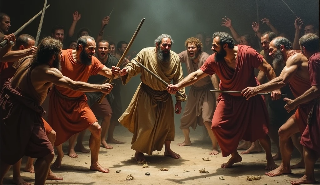 Description: A tragic scene depicting the killing of the prophets by the Children of Israel. Details: This scene shows a group of angry Israelites attacking a prophet, with a dark background depicting injustice and rebellion.