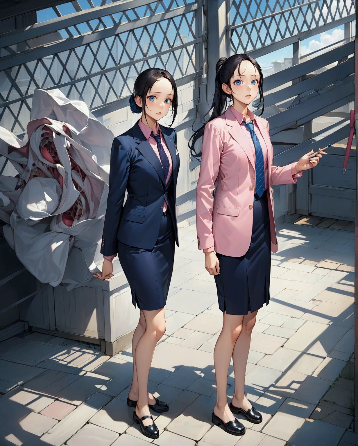 realistic anime illustration of 2 young women is in front of their school, they has a black ponytail (forehead) and wear navy-blue blazer outer, pink shirt with navy-blue necktie, navy-blue pencil skirt, (2girls, full body), (masterpiece, best quality, Japanese anime style), (expressive eyes, perfect face, perfect anatomy), BREAK, (navy-blue blazer outer, pink shirt with navy-blue necktie, navy-blue pencil skirt)