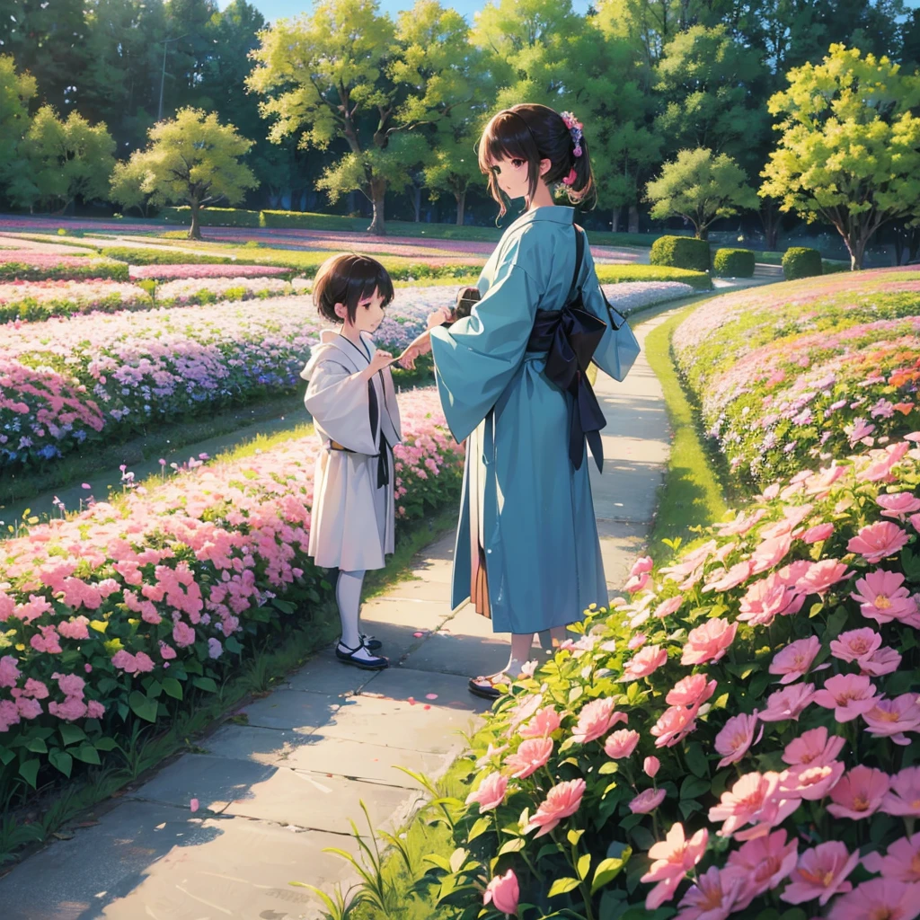 best quality, Masterpiece,soft light, High quality, Family of 5, Japanese people, Husband and wife, daughter(teenager), 2 sons(small child), Flower field background, Volumetric light, Straightforward, photograph, high resolution, 4K,