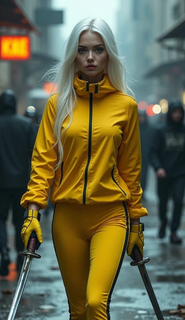 In sharp contrast a gorgeous white long hair khazakstan girl dressed all in thight yellow jacket and thight yellow training pants proudly prowls towards the viewer, against the flow of people walking away from the viewer. She holds in her gloved right hand a long and sharp sparkling samurai sword. In a dimly lit, gritty cyberpunk city street, shadows dance across the cracked asphalt as trash and debris litter the ground. Abandoned flying cars, now mere rusting relics, stand like tombstones to a forgotten era, night time, make it vignette, dark city