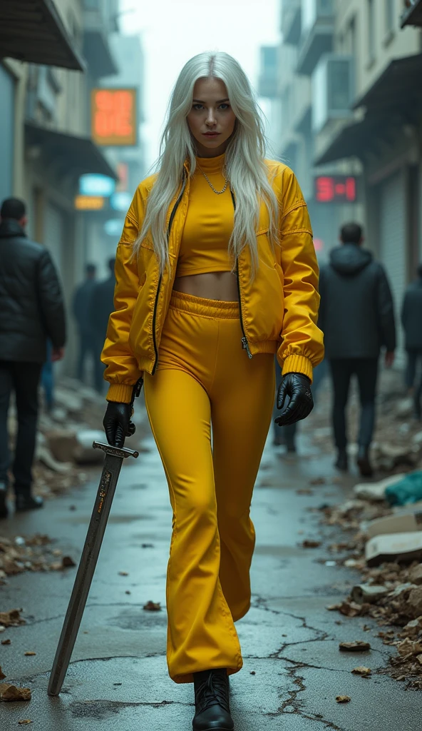 In sharp contrast a gorgeous white long hair khazakstan girl dressed all in thight yellow jacket and thight yellow training pants proudly prowls towards the viewer, against the flow of people walking away from the viewer. She holds in her gloved right hand a long and sharp sparkling samurai sword. In a dimly lit, gritty cyberpunk city street, shadows dance across the cracked asphalt as trash and debris litter the ground. Abandoned flying cars, now mere rusting relics, stand like tombstones to a forgotten era, night time, make it vignette, dark city