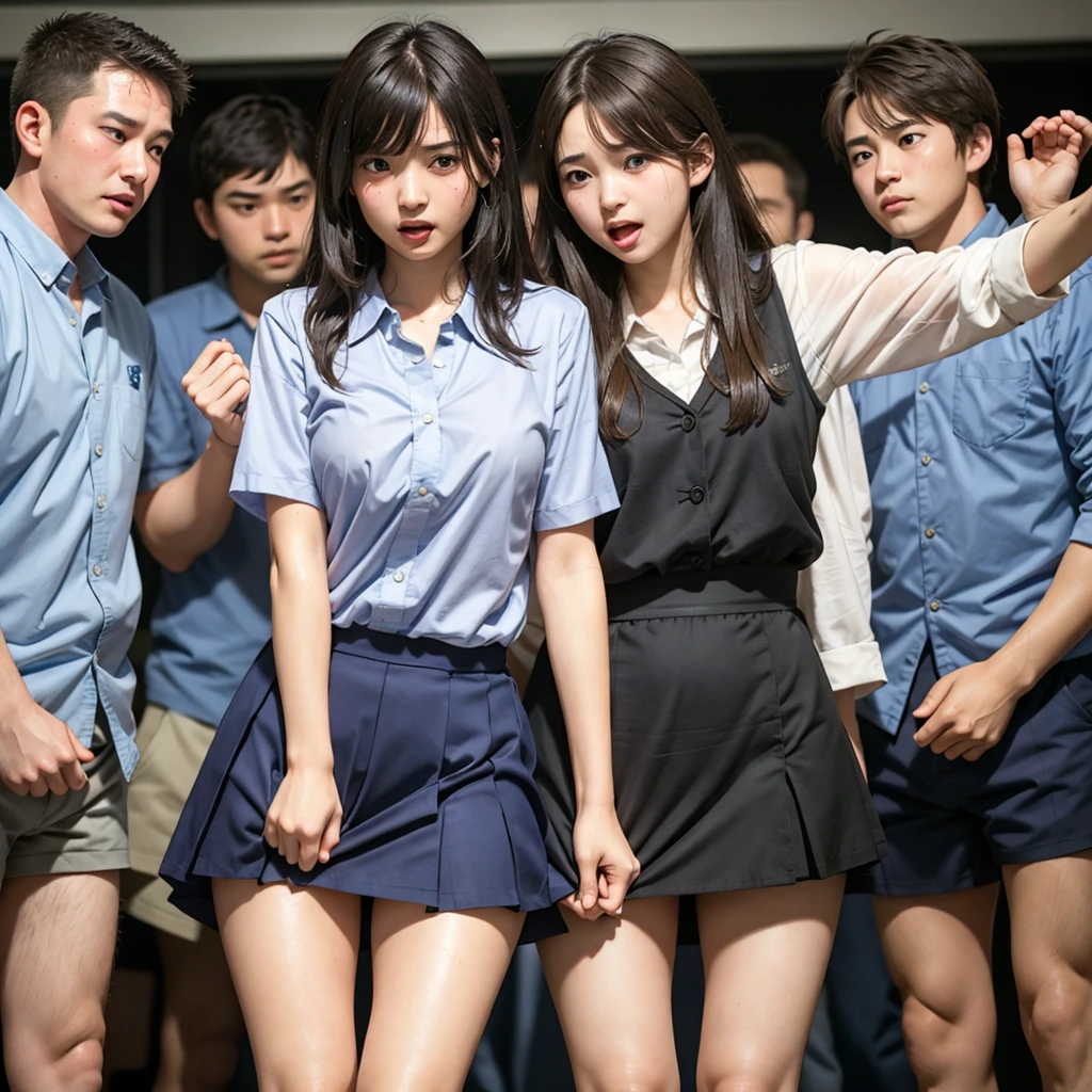 Beautiful innocent high school girl surrounded by excited high school boys, A cute, childlike face like an idol, A high school boy rips his uniform off to reveal his underwear, A high school boy grabs my breasts from behind, Anatomically correct, Being molested by a group of high school boys, Be surprised to see the viewers, Beautiful wavy brown medium bob hair, Screaming with her mouth open in shame at being seen, blush, Body flushed red, Wet with sweat, Increased sensitivity, Tears overflow from your beautiful eyes, Ultra high definition, Slender body, Can be smelled from close range, Japanese, Cowboy Shot