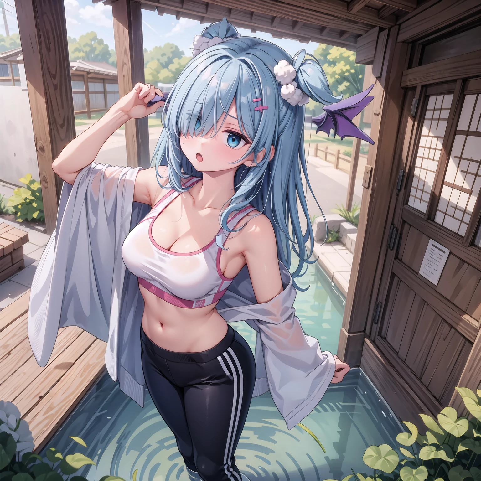 masterpiece, detailed, high quality, absurdres, elira, 1girl, solo, head wings, medium breasts, curvy, wide hips, 
BREAK hair over one eye, one eye covered, 
BREAK from above, pond, arch, japanese architecture, dawn, victory pose, 0.7::sports bra, pom-pom pants0.2::, face mask, :o,
BREAK standing, legs together,