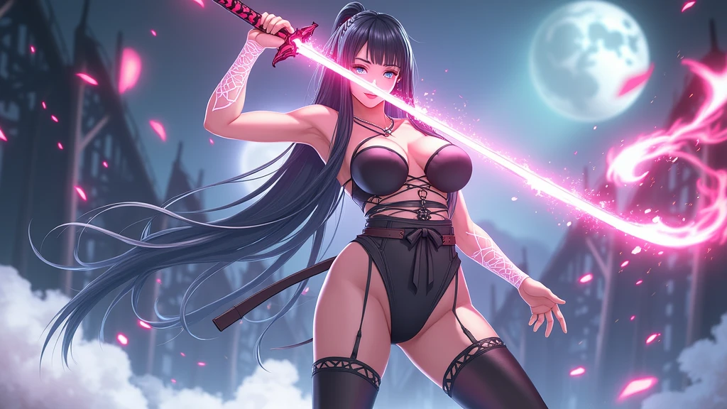 a very shy magical beautiful girl with long dark black hair, piercing blue eyes. Dressed as an erotic ninja in miniskirt, wielding a magic sword, scary diabolical world, (EXTREMELY HUGE BREASTS), wide neckline, image of a full-body woman..Description of extreme details, vivid and intense colors, vibrant colors, bright eye,image 3D,breasts 3D,((mejor calidad)), ((obra maestra)), (detallado), ((alta resolución))