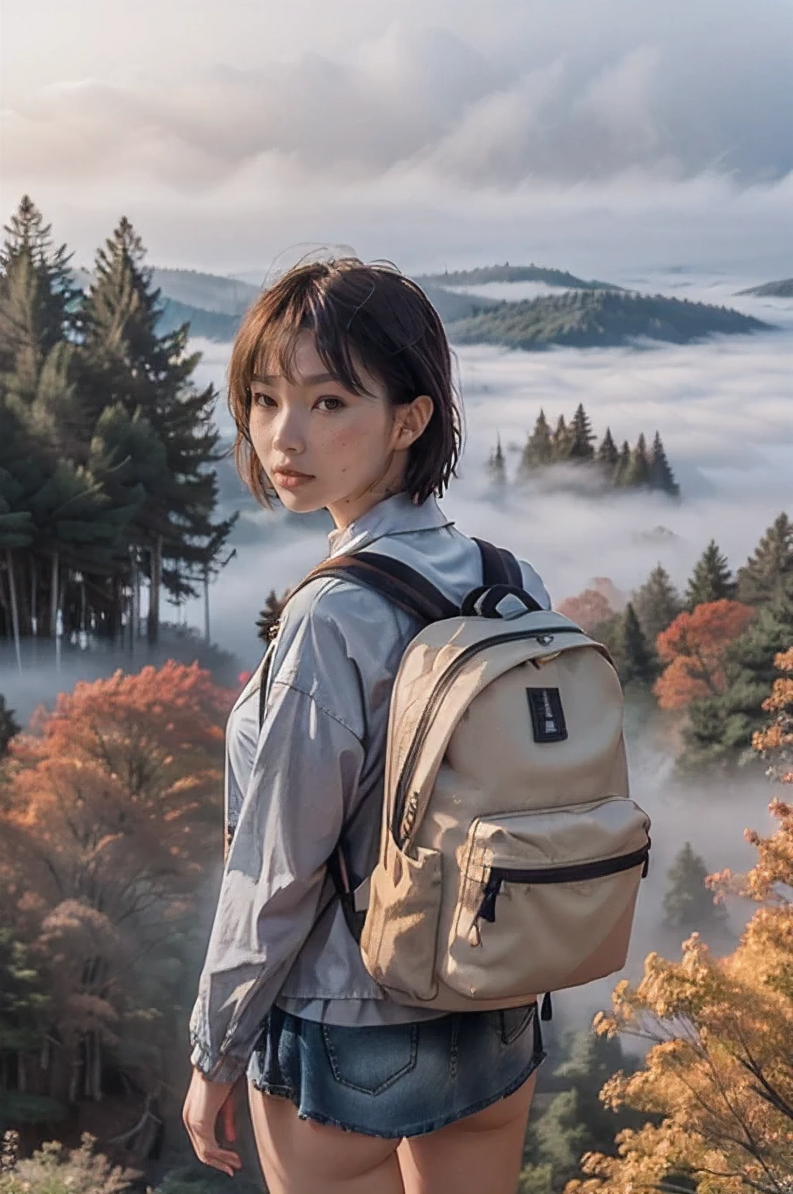 a beautiful japanese college girl with some freckles on her face inspired by hamada hideyaki shot by contax g1 with portra 800 film roll, ((short hair)),  ((yellow trees forest)), autumn,scenery:1.25,((intricate scenery)),((autumn forest background)), ((sun rays)), ((view from above:1.4)), ((full body)), skimpy mini skirt, ((foggy mist)), ((foggy mist on the ground:1.2)), ((with a tourist backpack:1.3))