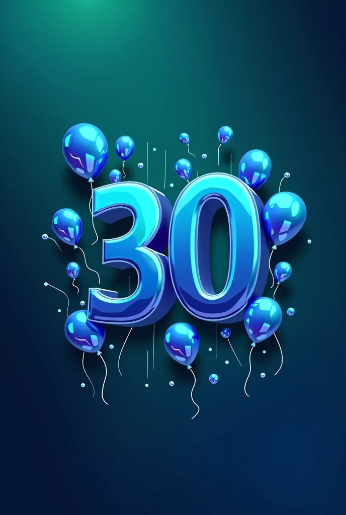 Logo 30 years, typography with blue metallic balloons, gradient background, green