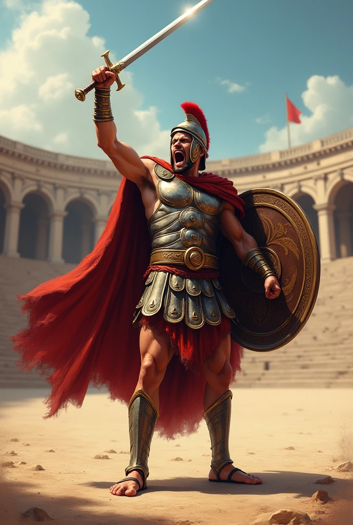 Soldier with Roman style armor, using a shield and a sword in the other hand, with helmet, shouting his victory, showing his entire body, including the sandals on his feet, in an empty arena, painting style, but very detailed and realistic 4k