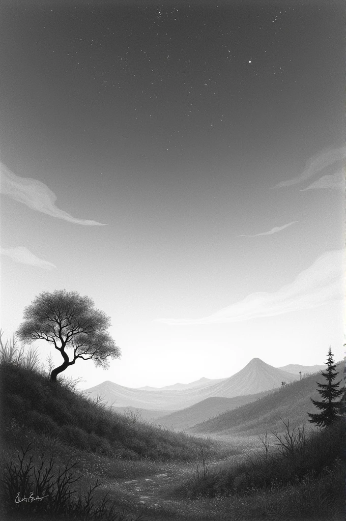 Drawing in gray pencil with a night landscape
