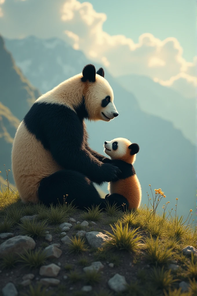 Panda bear sitting on a hill watching his dead panda son play