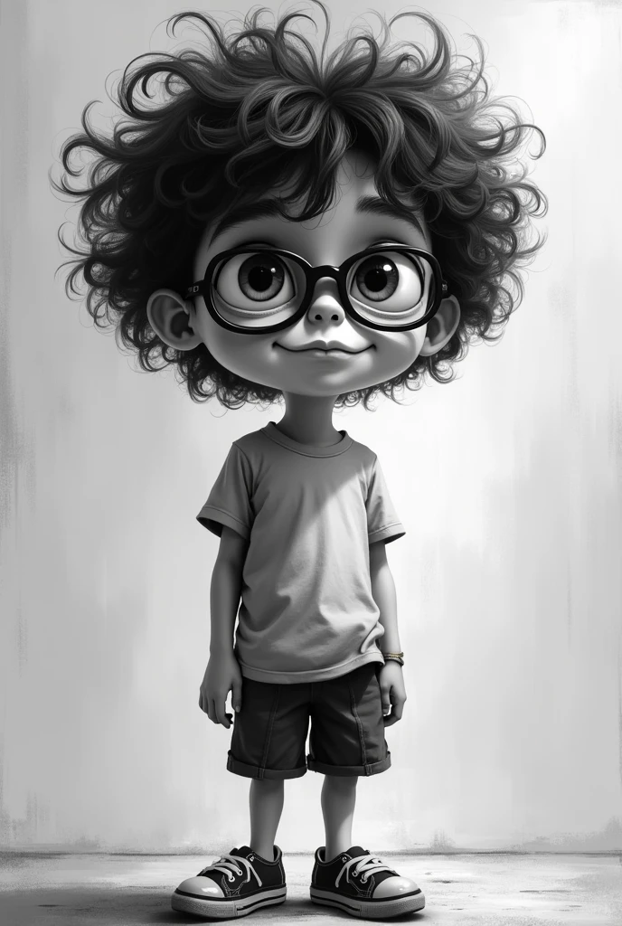 boy with curly hair and glasses, about , in a T-shirt and shorts, in the style of Tim Burton, black and white with strokes