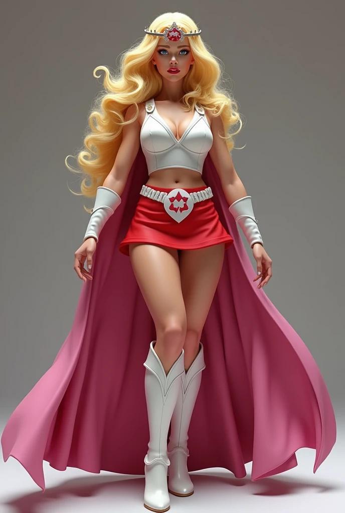 FULL SHE-RA GEAR AND ARMOR. A SEXY LARGE BREASTED YOUNG BLONDE SHE-RA WITH BLUE EYES WEARING A WHITE V SHE-RA BLOUSE WITH A SHE-RA EMBLEM ON THE HER CHEST, SHE-RA TIARA, A SHORT RED MINI SKIRT WITH A WHITE LEATHER BELT, TALL WHITE HEELED BOOTS, AND A LONG PINK CAPE. , PHOTO REALISTIC, HYPER DETAILED AND TEXTURES