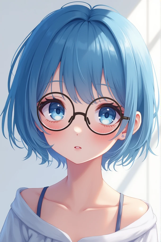 blue haired girl Short hair that reaches the back of the neck beautifully. light blue eyes Wear round eyeglasses