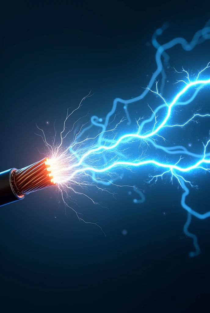 "A dynamic image showing electricity traveling through a wire at high speed, depicted as bright, energetic blue and white currents zooming through a copper wire. The background is a dark gradient, highlighting the glowing currents, with faint hints of the speed of light in the form of blurred light trails."