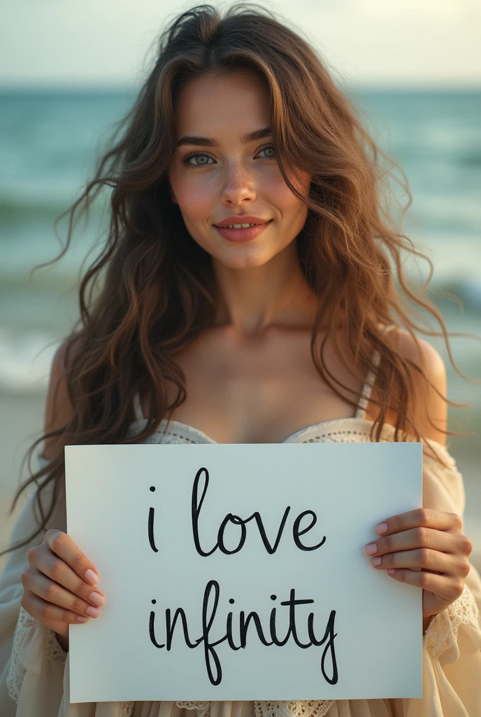 Beautiful girl with wavy long hair, bohemian dress, holding a white board with text "I Love Seaart Infinity" and showing it to the viewer