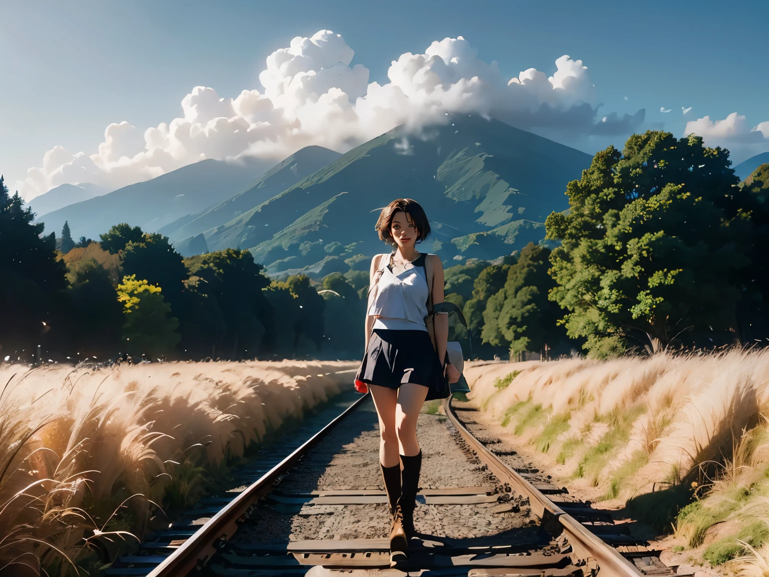 There is a beautiful 1girl walking on the train tracks, train signals, landscape artwork, anime background art, lowfie art, detailed scenery, landscape art detailed, lowfi art style, beautiful anime landscape, made with anime painter studio, background artwork, anime country landscape,  Studio ghibli kyoto animation hideaki anno Sakimichan Stanley Artgerm Lau Rossdraws James Jean Marc Simonetti, beautiful art UHD 4 K, anime art wallpaper 8 K, anime landscape, smiling at camera, tank top, mini skirt, boots, short hair, very busty, misty haze