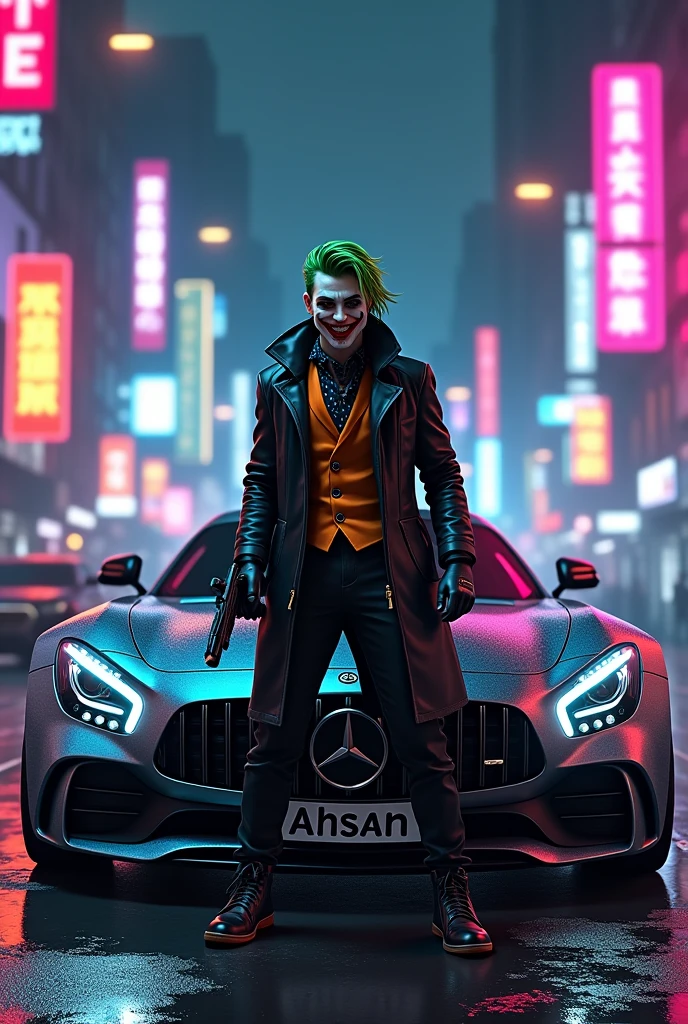 A Joker standing the front side of a mercedes car and holding a gun in sybar punks neon city and Ahsan written on the car front