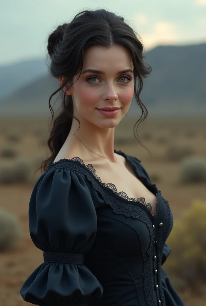 1875, southern lady, black hair, green eyes,  feminine dress, wild west, wears her hair tied up,  dark blue victorian dress, soft smile