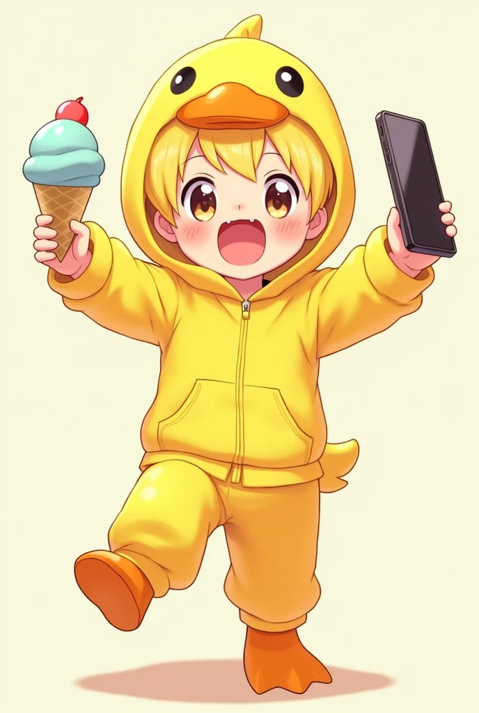 Anime boy with yellow hair wearing a yellow duck hoodie and yellow duck pant and yellow duck hat and giving selfie pose with a ice cream in hand 